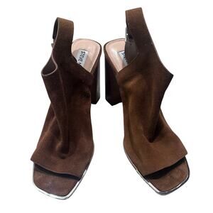 Steve Madden Delancey Suede Block Heel Leather Sandals Square Toe Silver, size 9